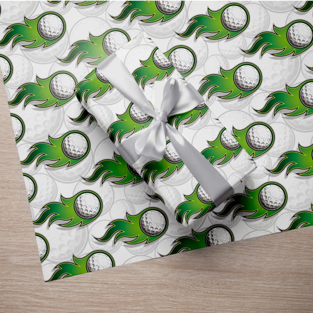 WAPLIGHAL Golf Wrapping Paper - 28 x 40 Inches - White Background with Green Flame Golf Ball Design - Perfect for Birthdays, Holidays, Father’s Day