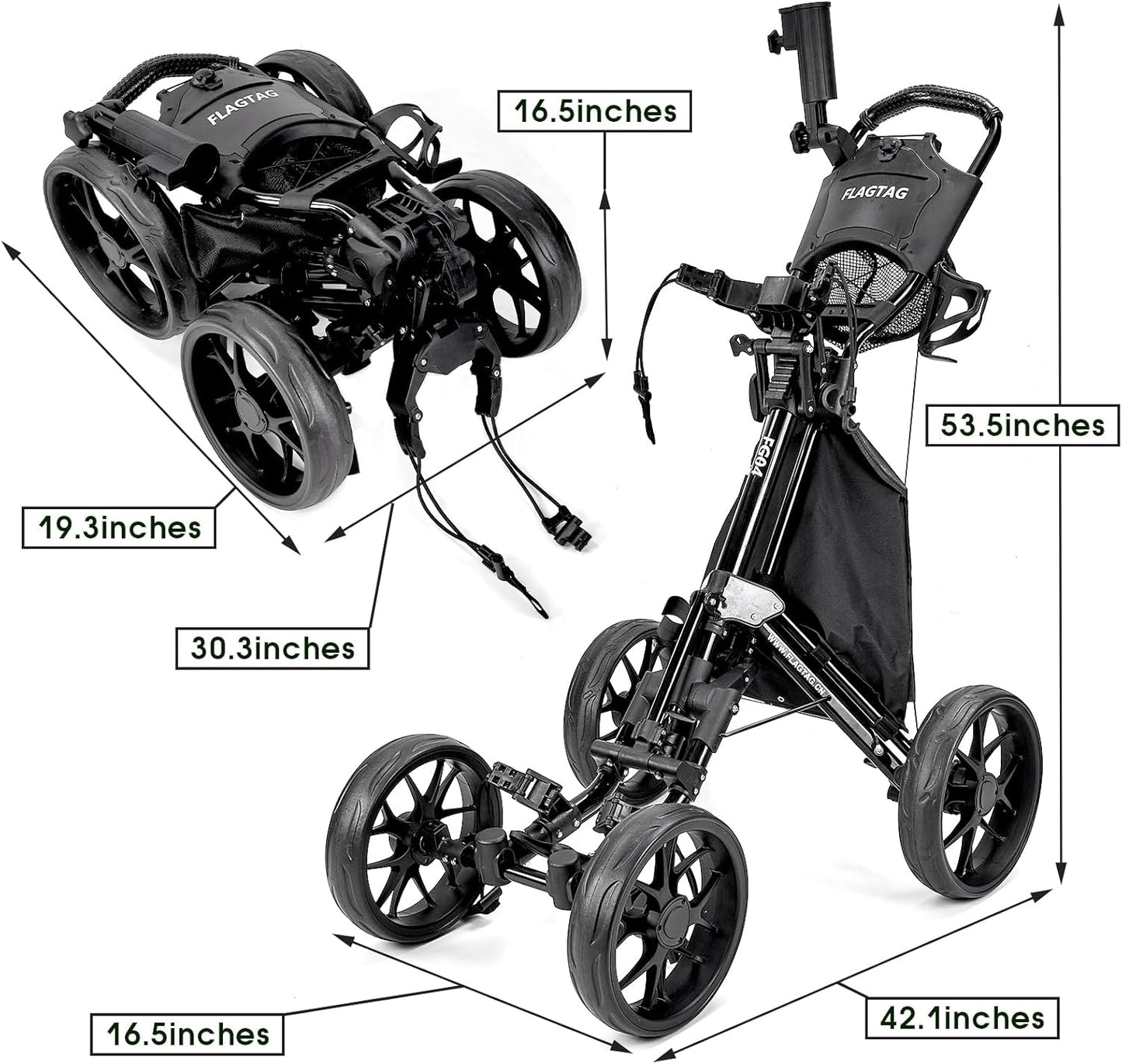 Golf Push Cart 4-Wheels,Folding Golf Cart, Golf Pull cart with Cup Holder,Umbrella Holder,Cooler Bag, Foldable with one-Click,Handle Height Adjustable,Drink Holder,Walking Push cart