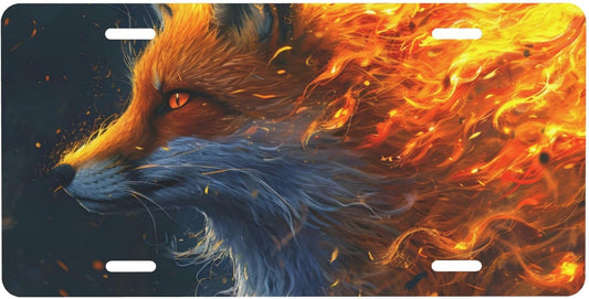 Cool Flame Animal Fox Front License Plate for Car Designs Stainless License Plate Cover Holder for Men Women Metal Aluminum Decorative Accessory Vanity Tag Standard 6 X 12 Inch (4 Holes)