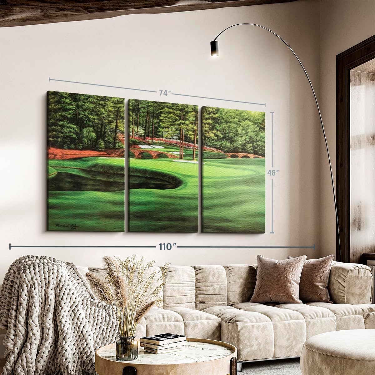 ElephantStock Augusta National 11th Hole I Wall Art - Horizontal Canvas - 3-Piece Living Room Wall Decor - Painting Sports Canvas Print - Green and Brown Decor for Wall by Marci Rule - 74" X 48"