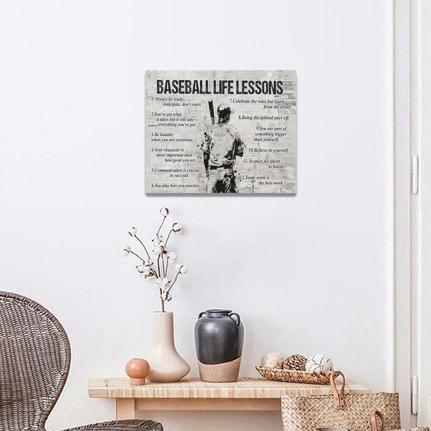 Baseball Sports Wall Art Baseball Life Lessons Wall Decor Baseball Sign Retro Poster Boy Men Room Motivational Decorations Canvas Print Painting Artwork for Bedroom Bathroom Living Room 20"x16"