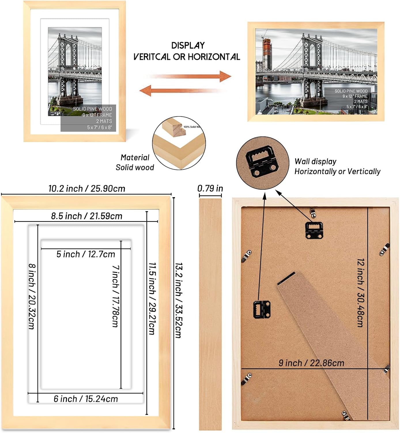 9x12 or 6x8/5x7 Solid Wood Frame with Mat/Matless for Wall Mount or Table Top (Natural)