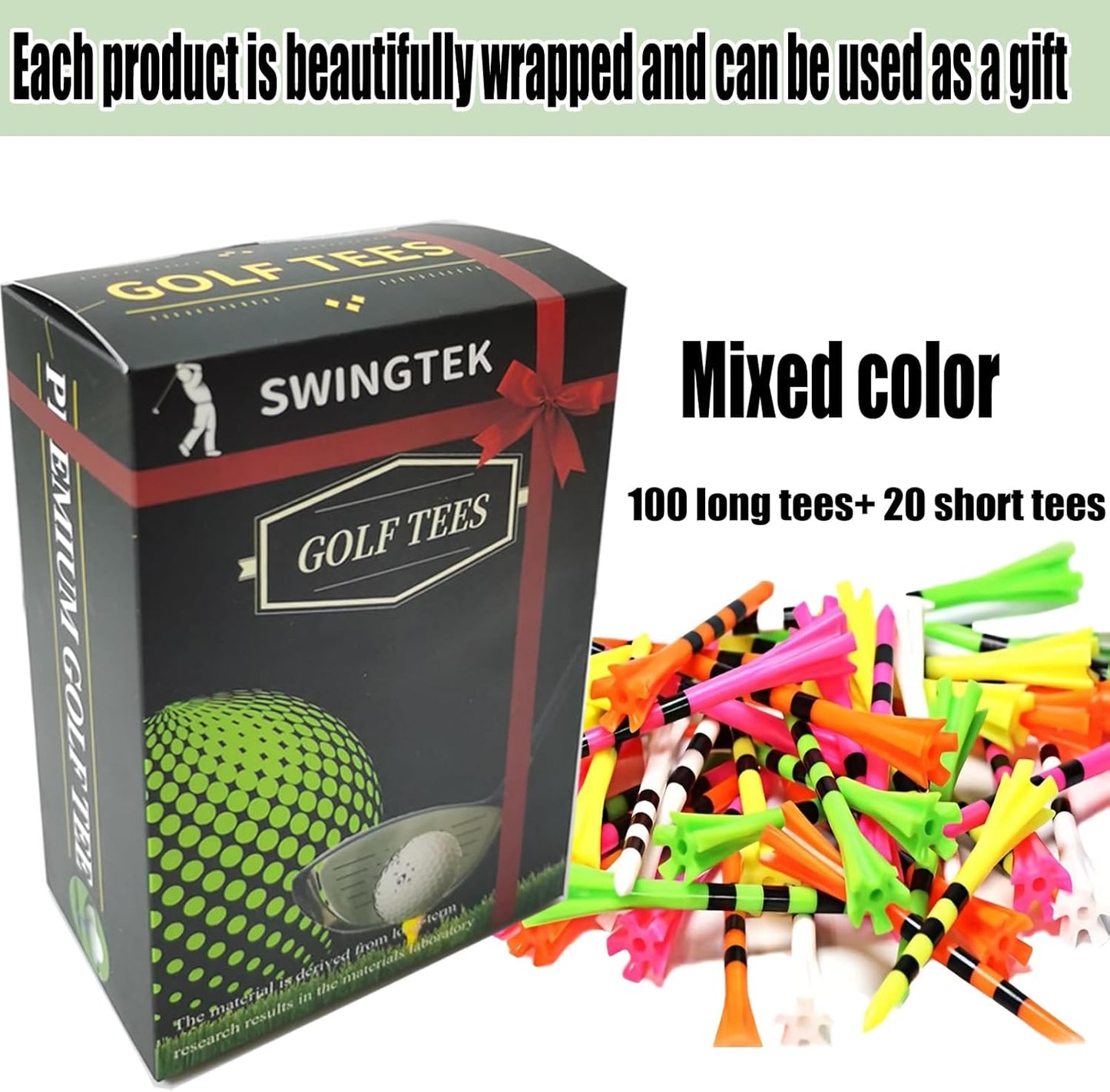 SWINGTEK 120 Pack Plastic Golf Tees,Contain 100 pcs 3-1/4 Inch Unbreakable Long Tees and 20 Short Tees,Mixed Color,Frictional Resistance Reduction