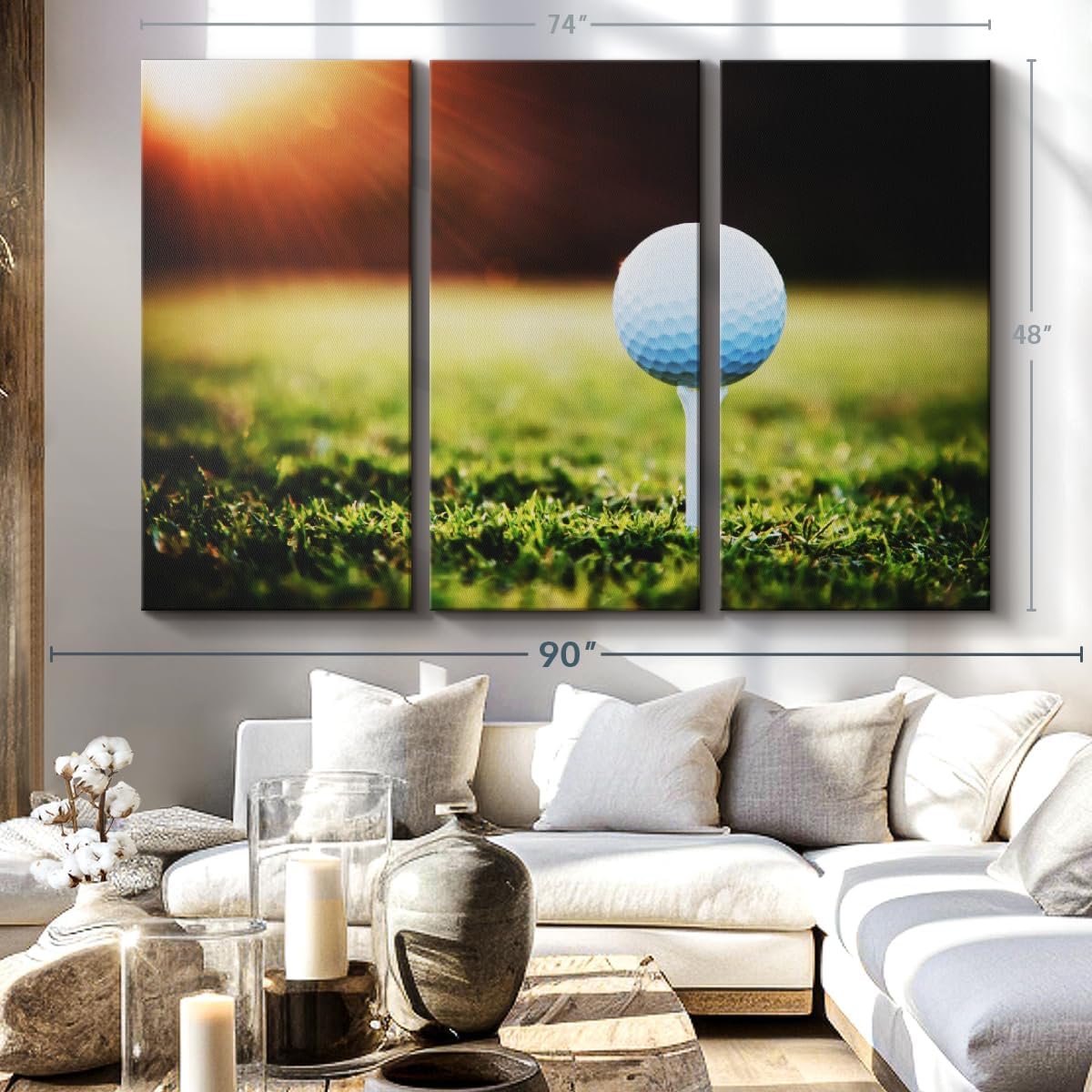 ElephantStock Golf Ball Tee Wall Art - Horizontal Canvas - 3-Piece Living Room Wall Decor - Photography Photographic Canvas Print - Black and White Decor for Wall - 74" X 48"