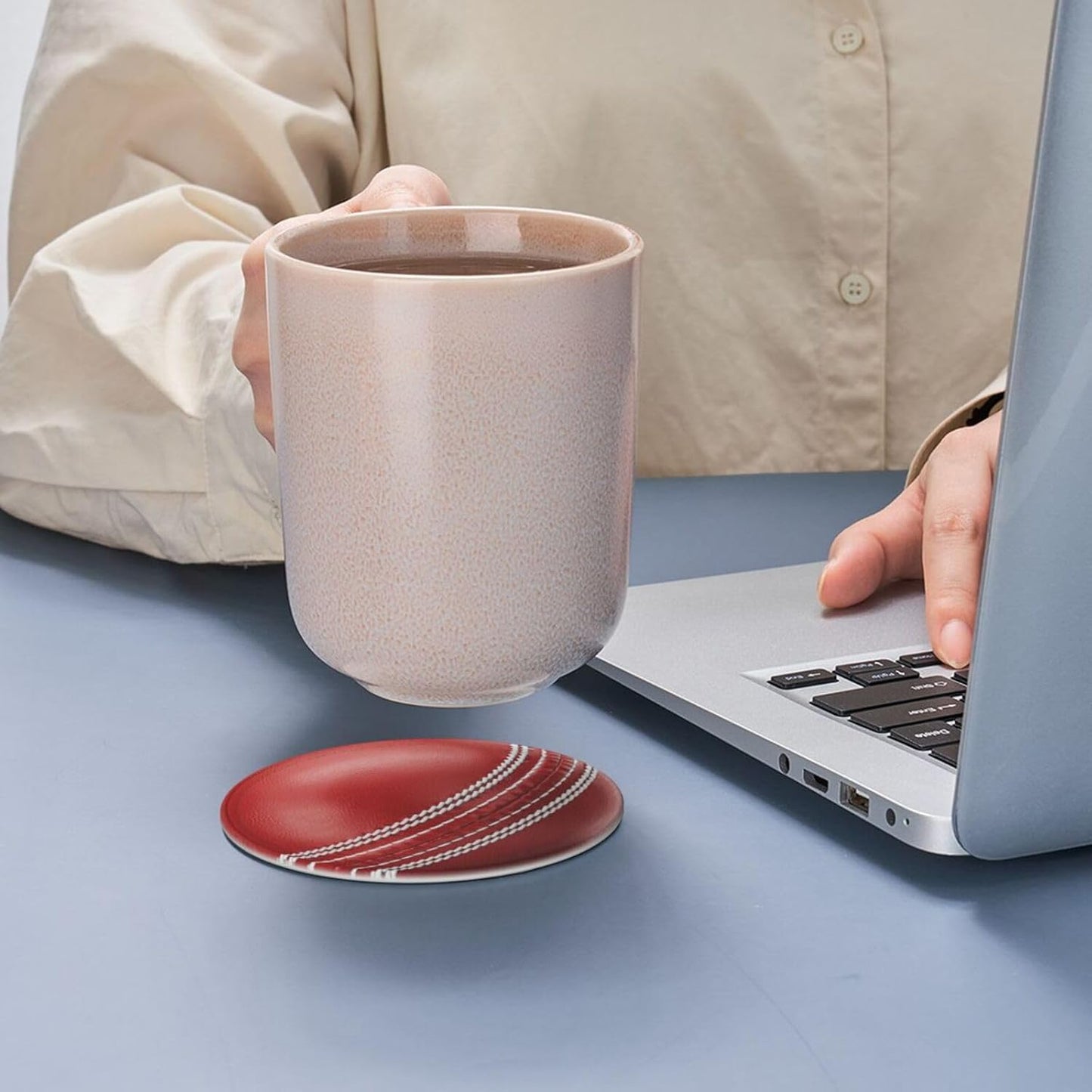 6 Pcs Cricket Ball Drink Coasters with Holder Coasters for Drinks Coffee Table Home Decor Housewarming Gift