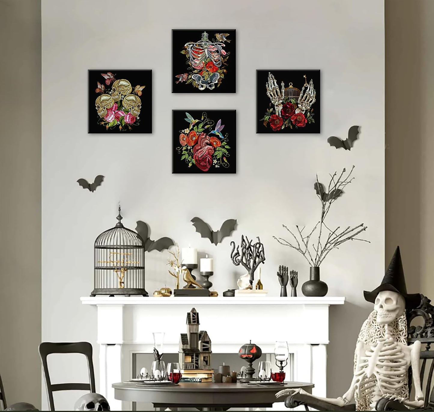 DJSYLIFE Gothic Wall Art - 4-Panel Skeleton and Roses Canvas Print, Dark Moody Decor for Bedroom, Bathroom, Halloween, Ready to Hang 12"x12"x4