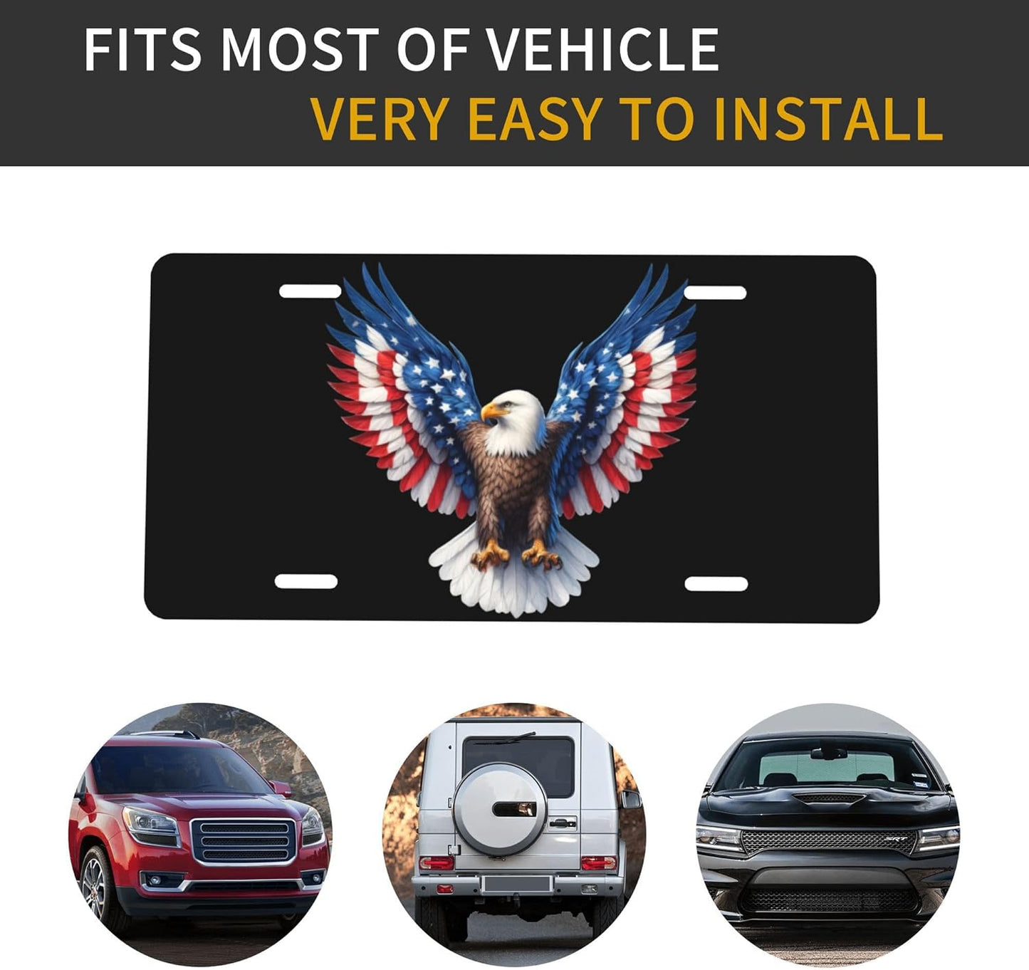 Front License Plate for Car Designs USA Flag Eagle Black Stainless License Plate Cover Holder for Men Women Metal Aluminum Decorative Accessory Vanity Tag Standard 6 X 12 inch (4 Holes)