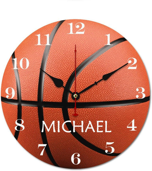 Personalized Basketball with Name Wood Wall Clocks Rustic Battery Operated 10 inch Non Ticking Basketball Lover Wall Clock for Kids Rooms Boys Girls,Nursery Wall Clock,Custom Kids Clock with Name