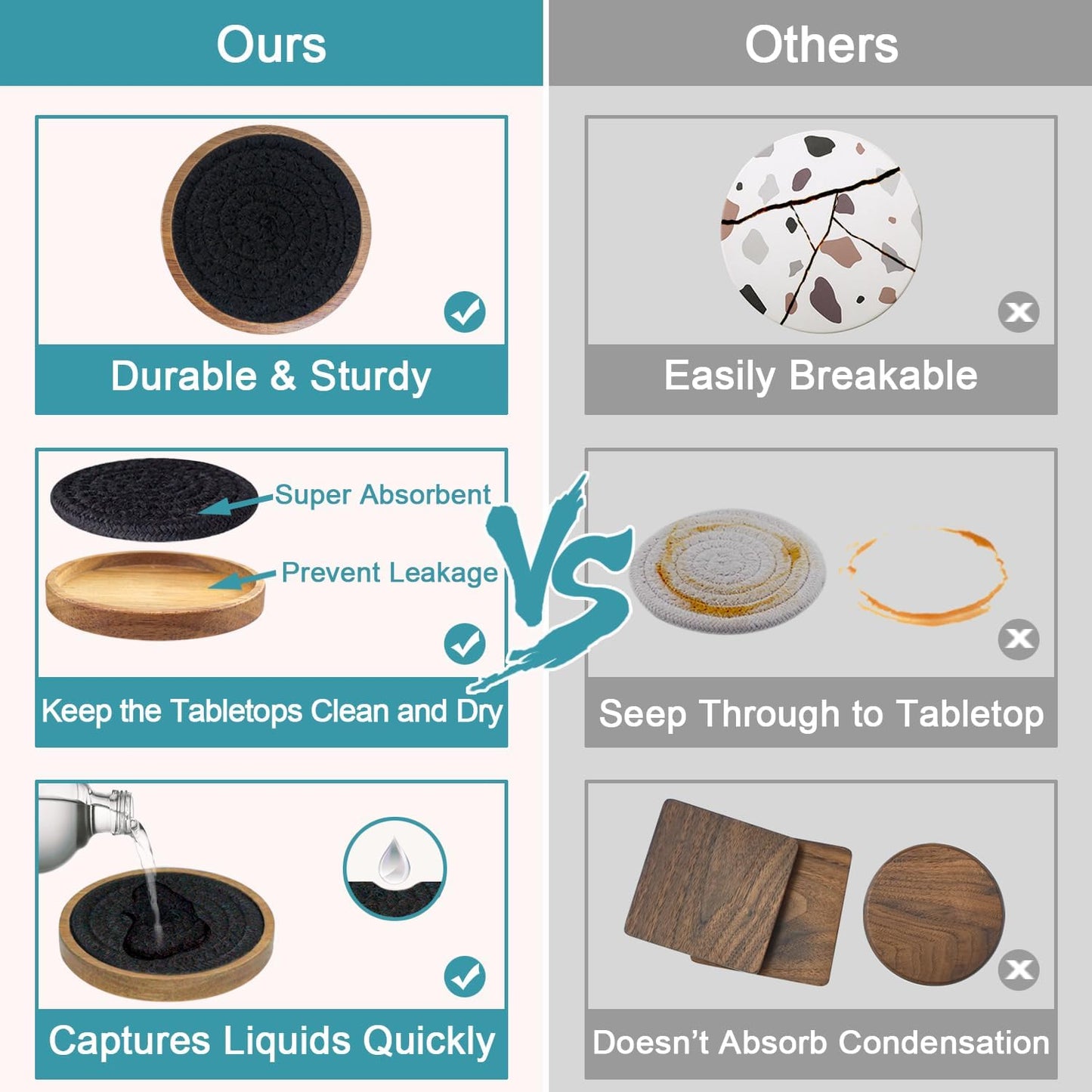 Wood Coasters for Drinks, Absorbent Coaster Sets of 8, Woven Drink Coasters for Coffee Table, Housewarming Gift for Farmhouse Home Decor,4.3 inches Black