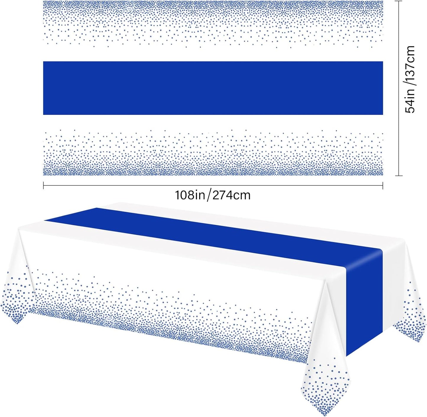 6 Pack Rectangle Plastic Dot Tablecloth Set, 54 X 108 Inch Plastic Table Cover, 12 x 108 Inch Satin Table Runners for Wedding Graduation Birthday New Year Party Decorations (White, Blue)