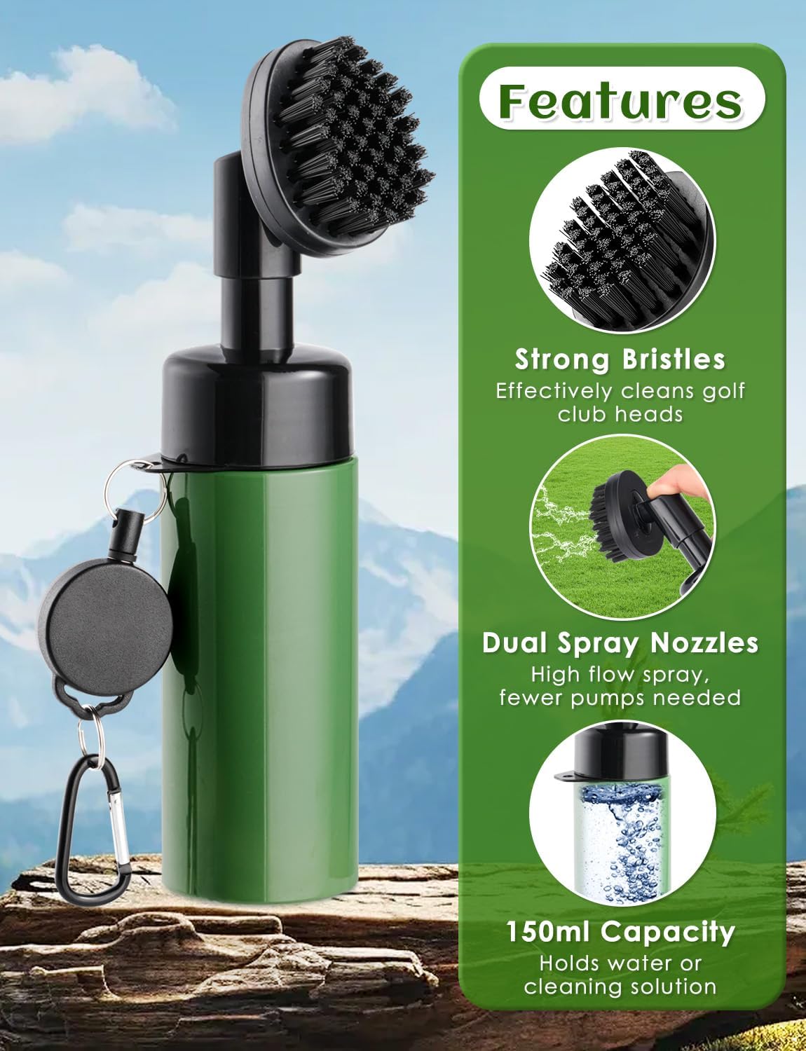 Oasser Pro Golf Club Brush Cleaner with Squeeze Water Bottle Retractable Clip and Retractable Clip 10.5 Inches Holds 5 Ounces of Water, Essentials Golf Accessories for Men Women Green
