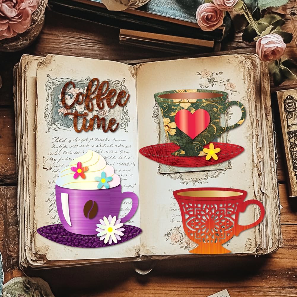 MAYJOYDIY Coffee Cup Cutting Dies Saucer Spoon Metal Die Cuts Template Flowers Daisy Colored Cream Embossing Carbon Steel Stencils for Card Making Scrapbooking Album Handbook Gift Decoration