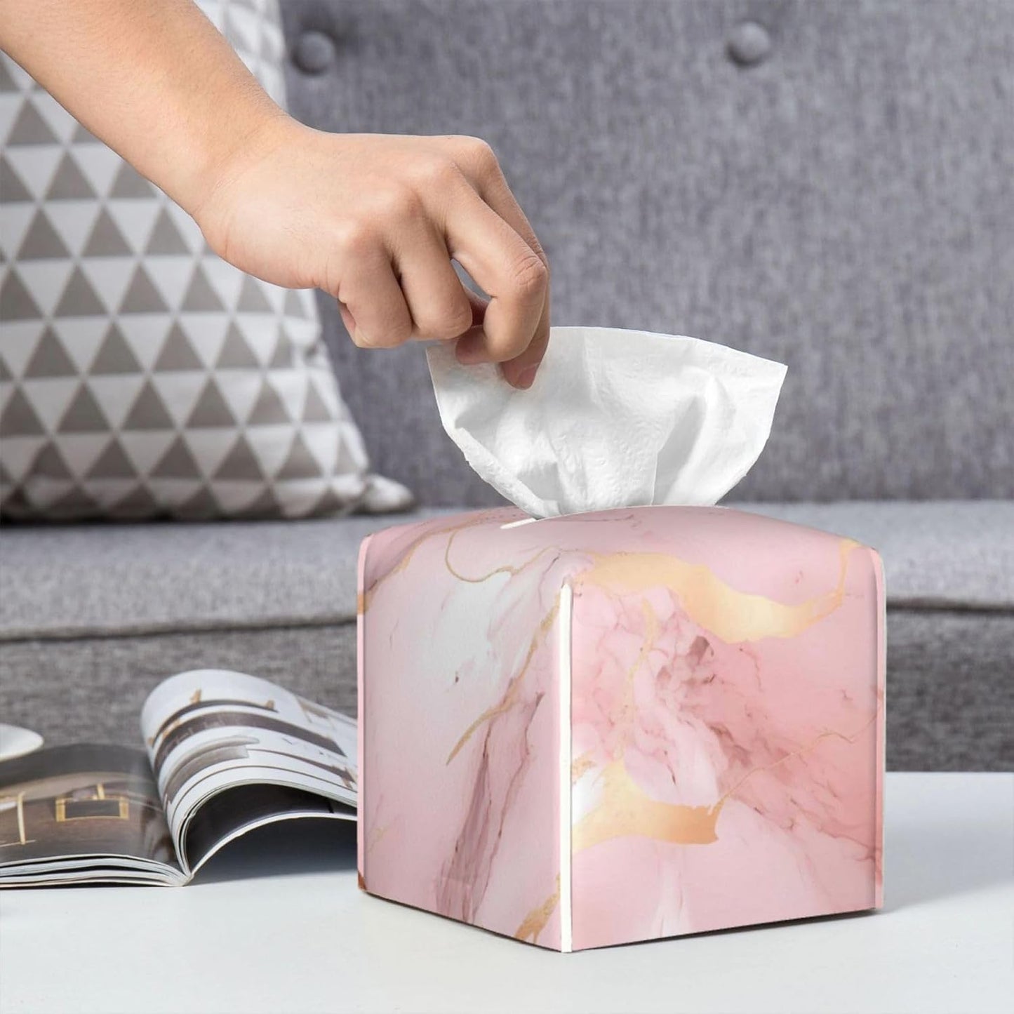 Tissue Box Cover Pink Rose Gold Marble Print Square PU Leather Tissue Box Holder for Car Bathroom Bedroom Desk Tabletop Decor