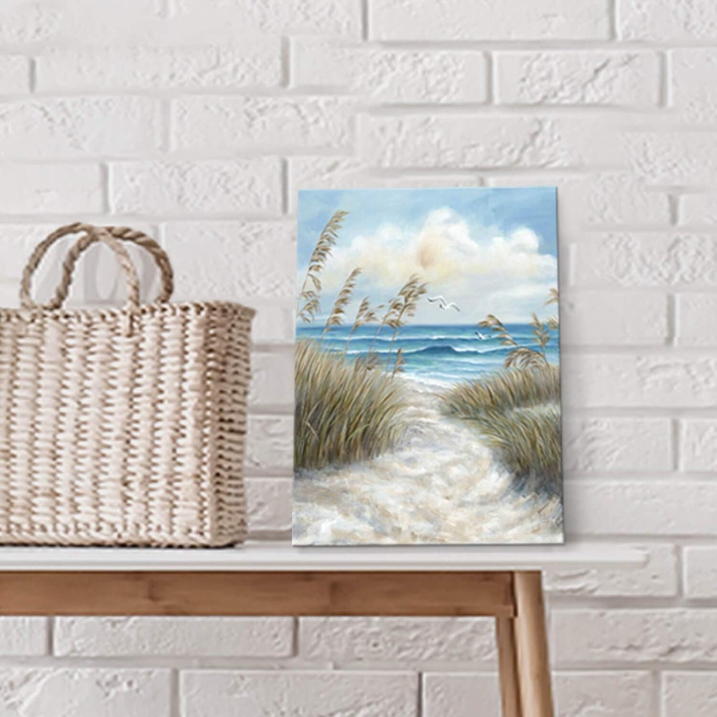 Abstract Beach Picture Wall Art: Sandy Path to Ocean with Sea Grass Artwork Painting for Bedroom (16'' x 12'' x 1 Panel)
