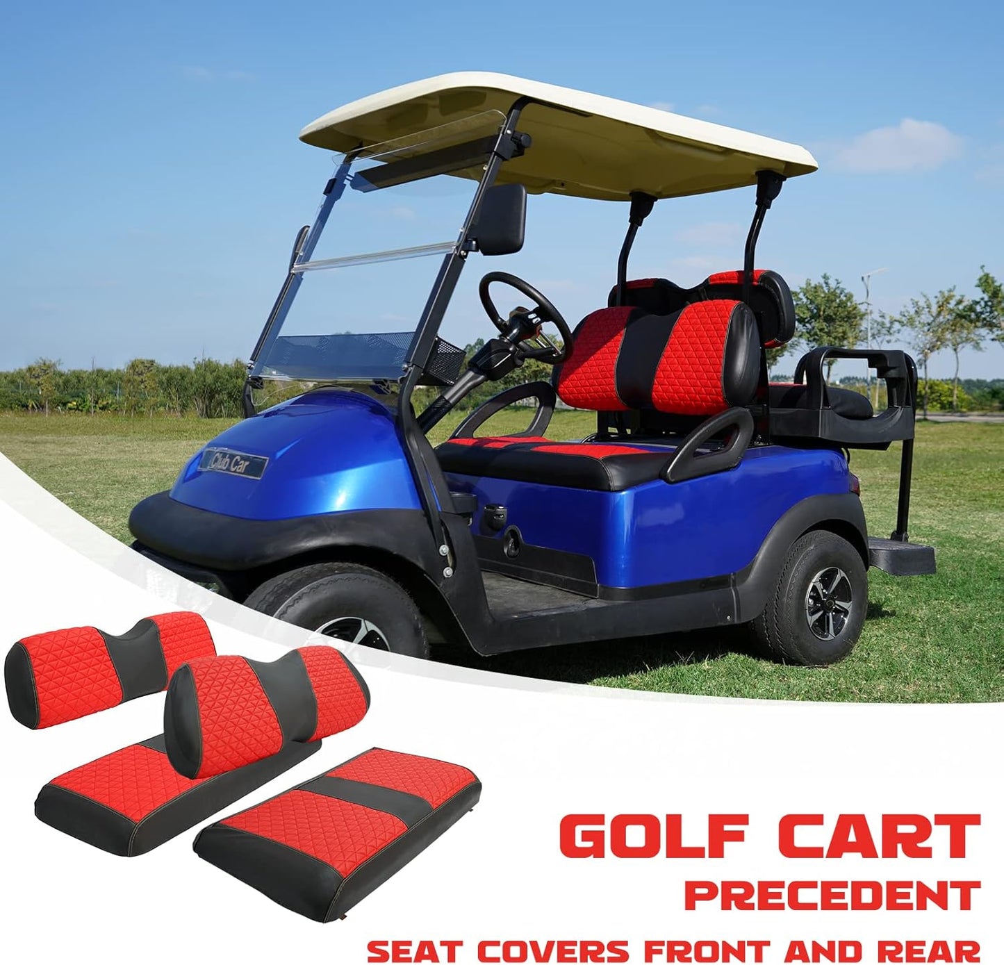 XUANYUDG0769 Golf Cart Front and Rear Seat Covers for EZGO TXT/RXV Club Car DS/Precedent Yamaha G29, Vinyl Leather Made/Adjustable Straps and Retractable Buckle/No Stapler Required,4PCS
