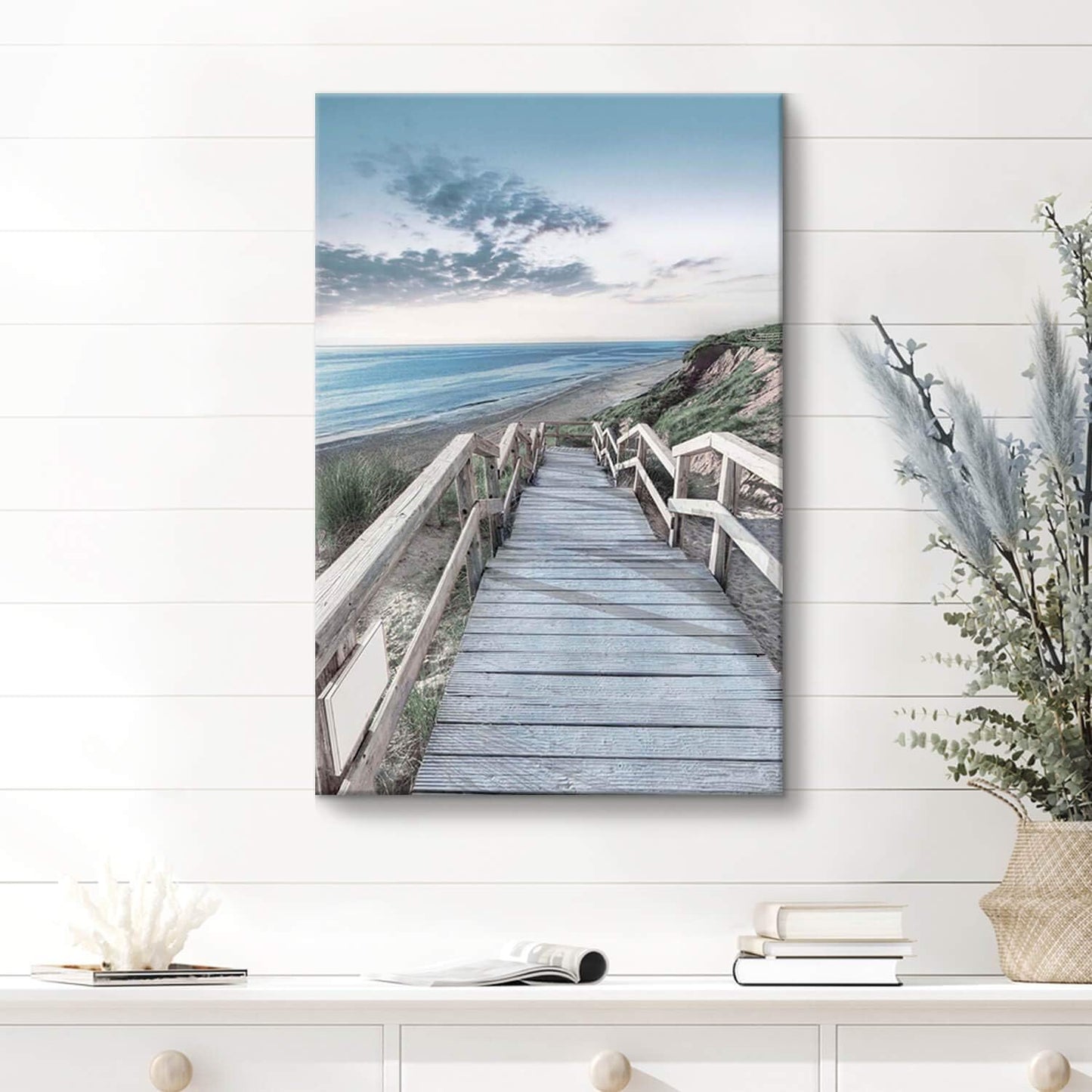 Beachside Wooden Path Wall Art: Bridge Boardwalk Stair Graphic Art on Wrapped Canvas for Wall Decor (24''x36'')
