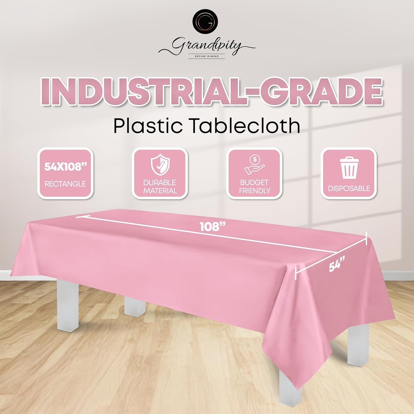 Grandipity 12 Pack Premium Disposable Plastic Tablecloth 54 Inch. x 108 Inch. Decorative Rectangle Table Cover - Pink
