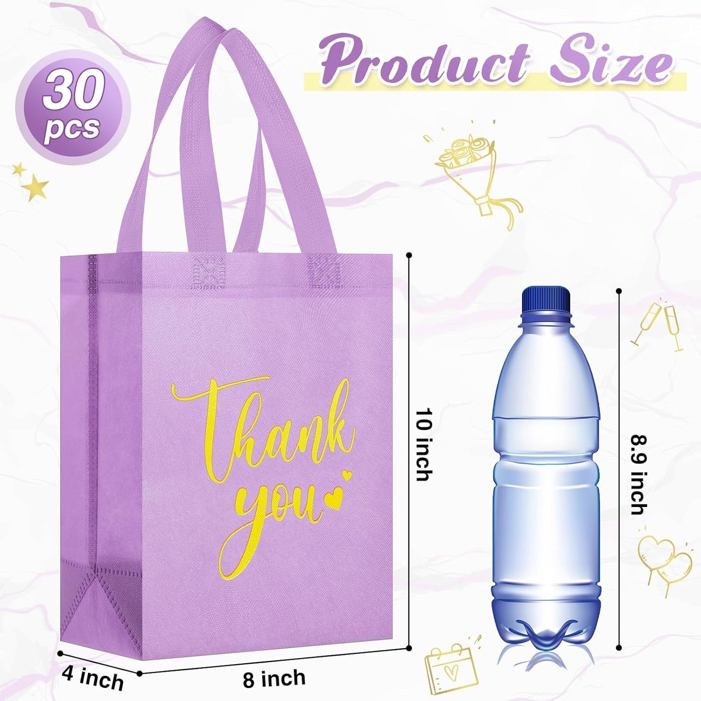 Sweetude 30 Pcs Thank You Gift Bags with Handles Bulk Reusable Goodie Bag Non Woven Foldable Handbag for Graduation Wedding Bridesmaid Gifts(10 x 8 x 4 Inch,Purple)