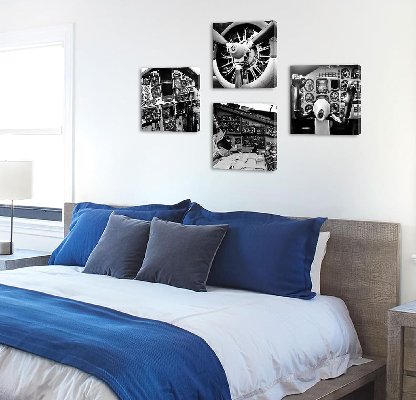 DJSYLIFE Vintage Airplane Wall Art - 4-Panel Black and White Canvas Print Poster, Propeller Plane Close-Up Decor for Office, Bedroom, Man Cave, Modern Home Decor, Ready to Hang 12"x12"x4