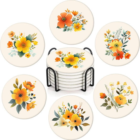 Boho Set of 6 Coasters for Drinks Absorbing Round Ceramic Stone Coaster with Cork Base,Tabletop Protection Mat for Mugs and Cups,Office,Kitchen (Yellow Flower)