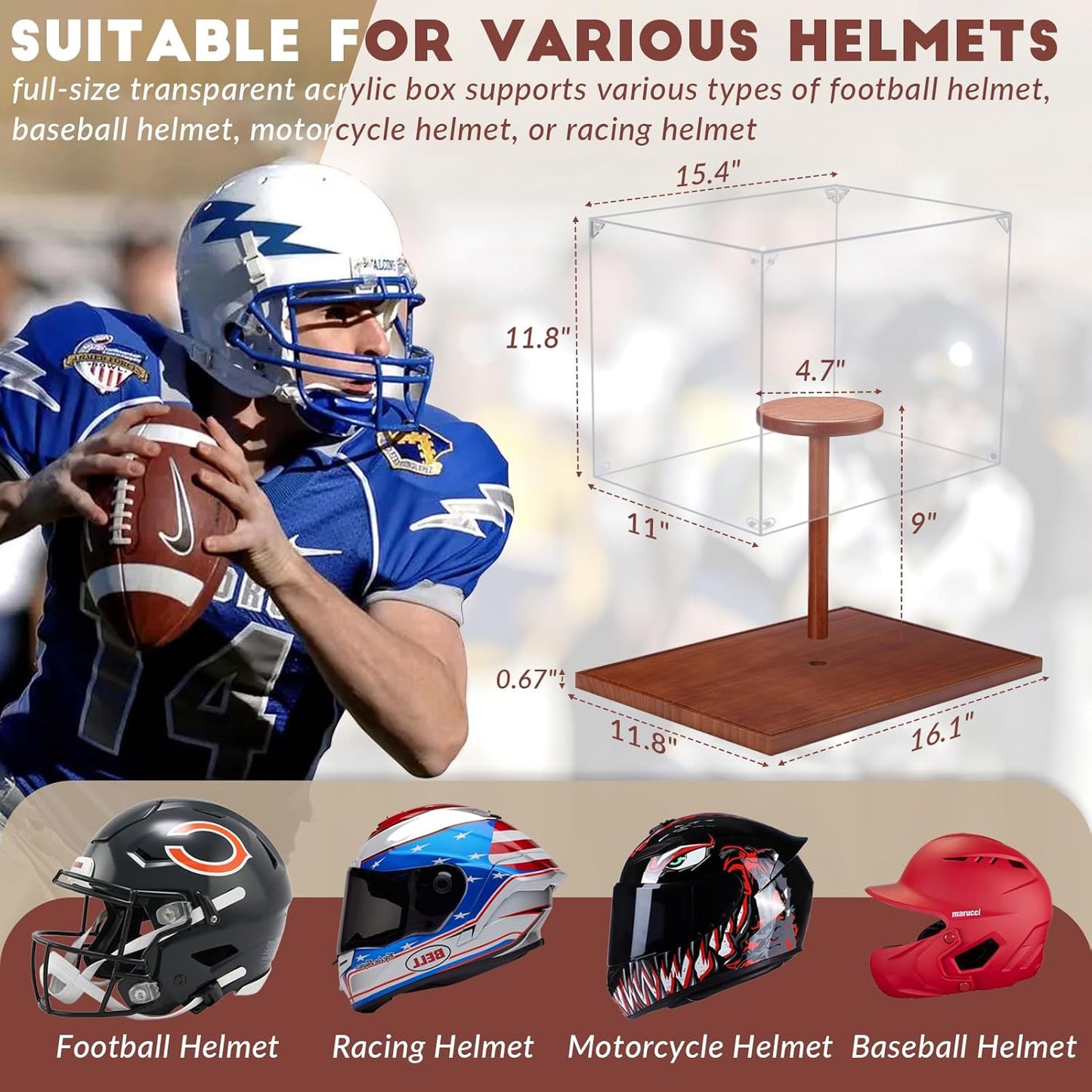 JupDec Football Helmet Display Case, Full Size Acrylic Baseball Motorcycle Helmet Showcase, UV Protection Souvenirs and Collectibles Box with Solid Wood Base & Riser, Ideal Gift for Sports Enthusiast