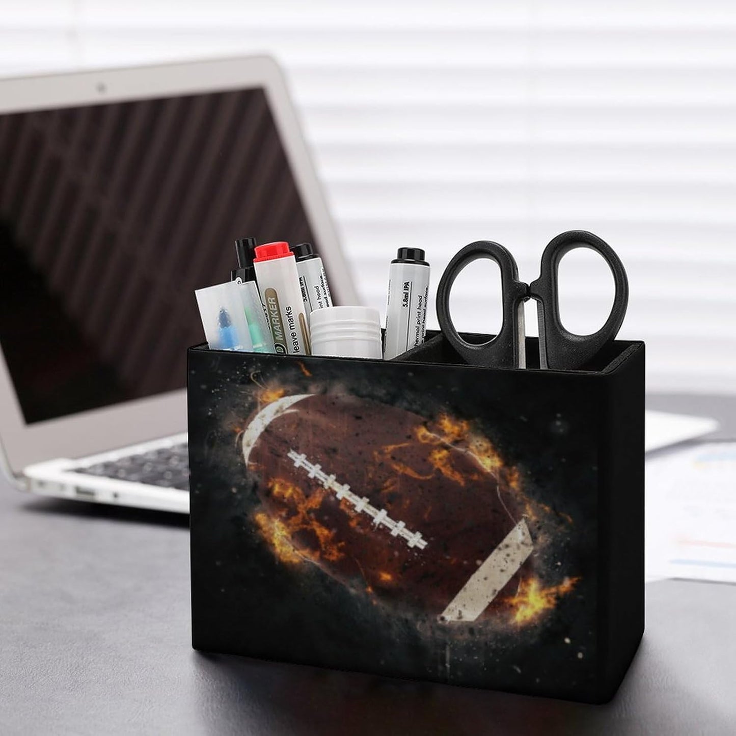 Pen Holder, Pencil Holder for Desk Organizer, America Football Fire PU Leather Pencil Cups Desktop Stationery Storage Makeup Brush Holder Pen Organizer for Office Home