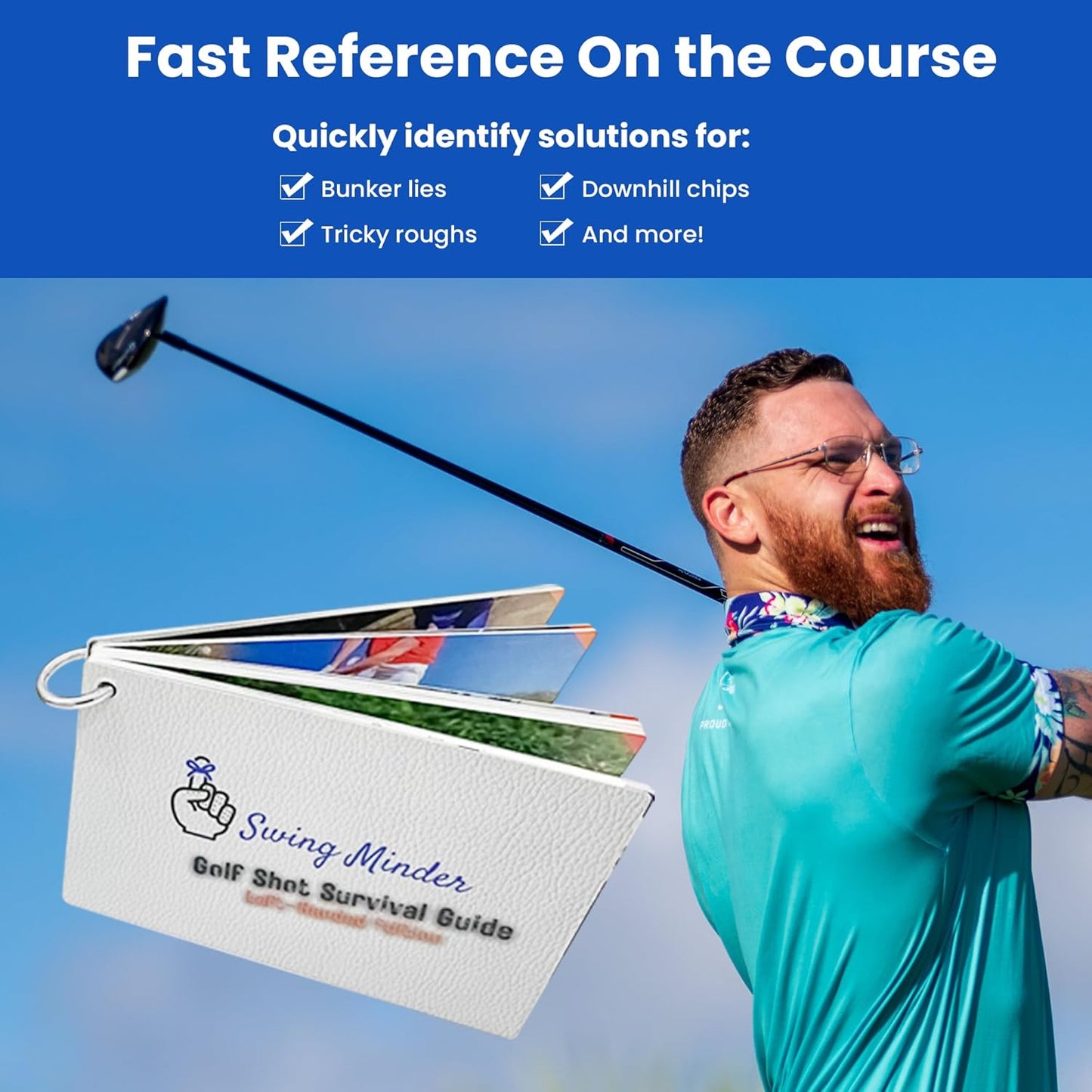Swing Minder Golf Reference Cards - Step-by-Step Instructions for 33 of Golf's Hardest Shots - Ideal Golf Gifts for Men or Golf Bag Accessories - Waterproof PVC and Sturdy Carabiner for Easy Use