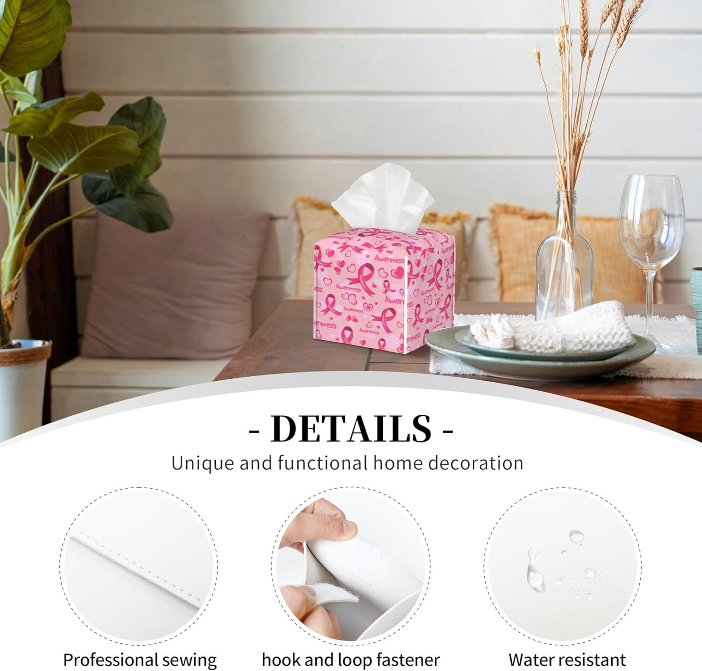 Breast Cancer Awareness Tissue Box Cover Square,Ribbons and Hearts Tissue Box Holder Waterproof Leather Facial Paper Organizer Dispenser for Bathroom Home Car Nightstand Vanity Desk
