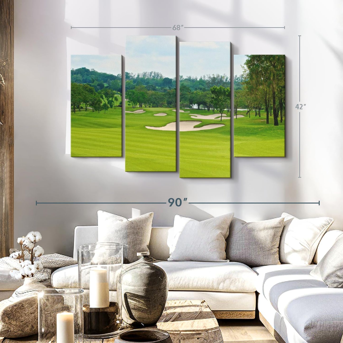 Elephant Stock Beautiful Golf Course Wall Art - Horizontal Canvas - 4-Piece Living Room Wall Decor - Tree Photography Canvas Print - Green and Blue Decor for Wall - 68" X 42"