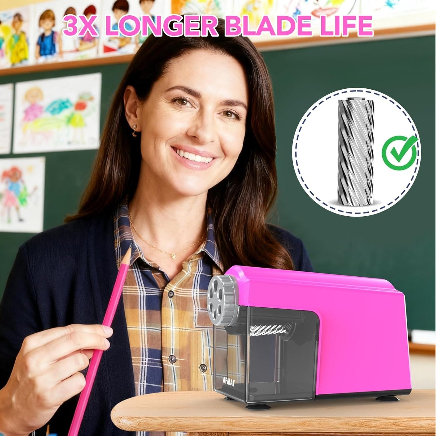 AFMAT PSD4 Electric Pencil Sharpener Heavy Duty, 6 Holes, Cordless & Rechargeable, Super Fast, Auto Stop, 10K+ Uses, Classroom Pencil Sharpener for 6-11mm No.2/Large/Colored Pencils, Pink