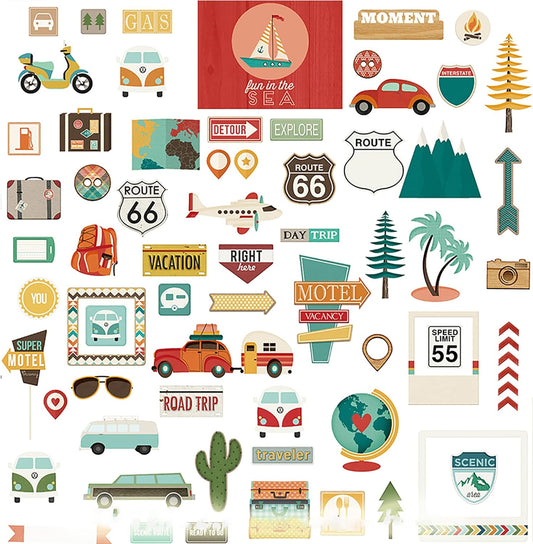 Doraking Foil Gold Paper Stickers, 65PCS Travel Themed Decoration for Scrapbook, Multicolored, Waterproof, Premium Adhesive Paper, Irregular Shaped, Holiday Travel Style