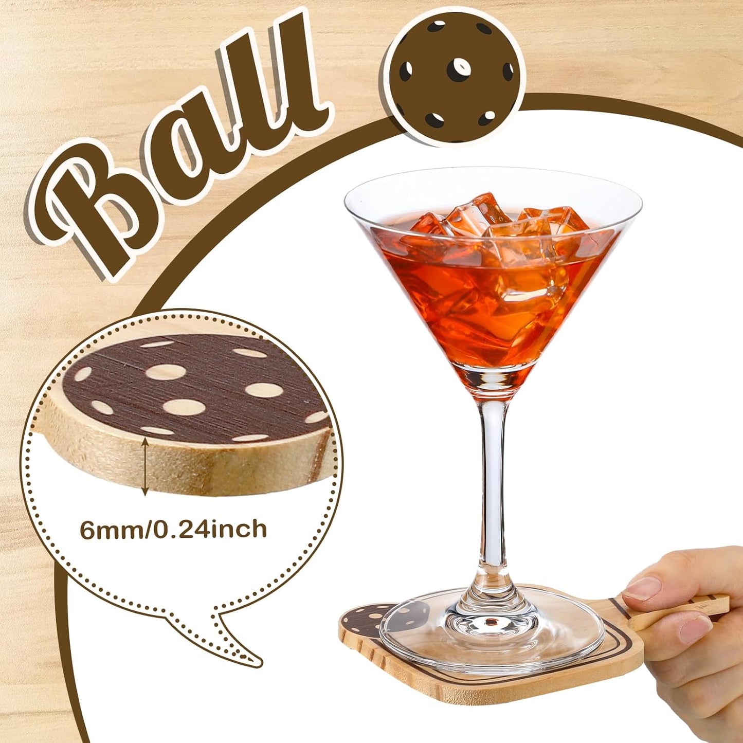 Hushee 6 Pack Christmas Gifts Drink Coasters Wood Coasters Set Paddle Shape with Handle Funny Gift for Women Men Sports Lovers Fans Party Favors Decorations