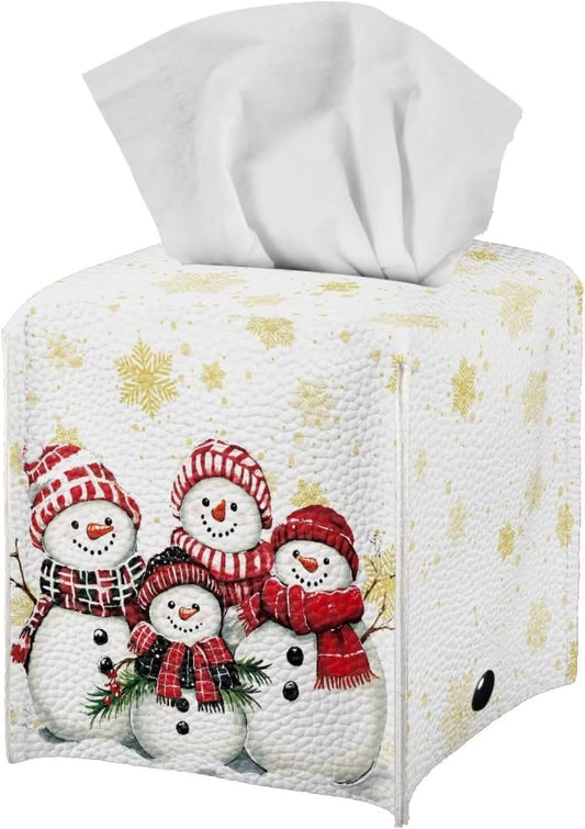 Cute Snowman Leather Tissue Box Cover Christmas Decor Tissue Box Cover Square 5x5x5 Home Decorative Tissue Boxes for Living Room Bedroom Bathroom