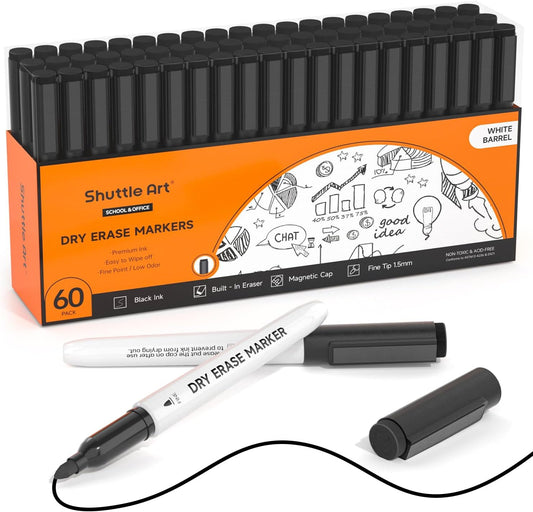 Shuttle Art Black Dry Erase Markers, 60 Pack Magnetic Whiteboard Markers with Erase,Fine Point Dry Erase Markers Perfect For Writing on Whiteboards, Dry-Erase Boards,Mirrors for School Office Home
