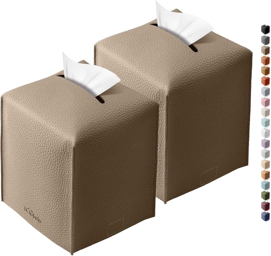 Tissue Box Cover for PU Leather, Modern Simple Solid Color Holder Square Tissue Bag, Ideal for Bathrooms,Office,Car,Outdoor Tent,Dining Table,5"X5"X5", Double Cocoa Brown