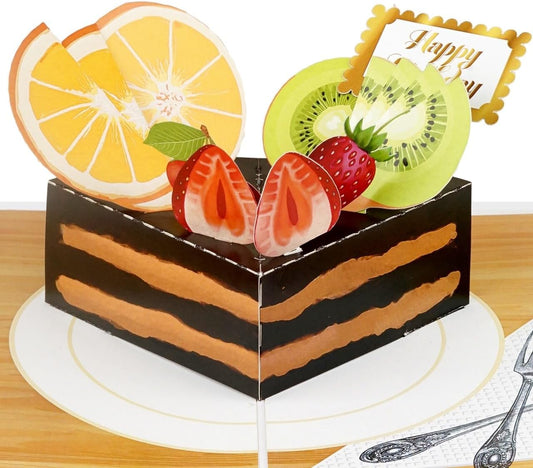 iGifts And Cards Birthday Cake Pop-Up Greeting Card – Fun, Belated, Gender Neutral Birthday Card, Layered Cake Slice with Fork, Includes Envelope & Notecard, 6” x 8”