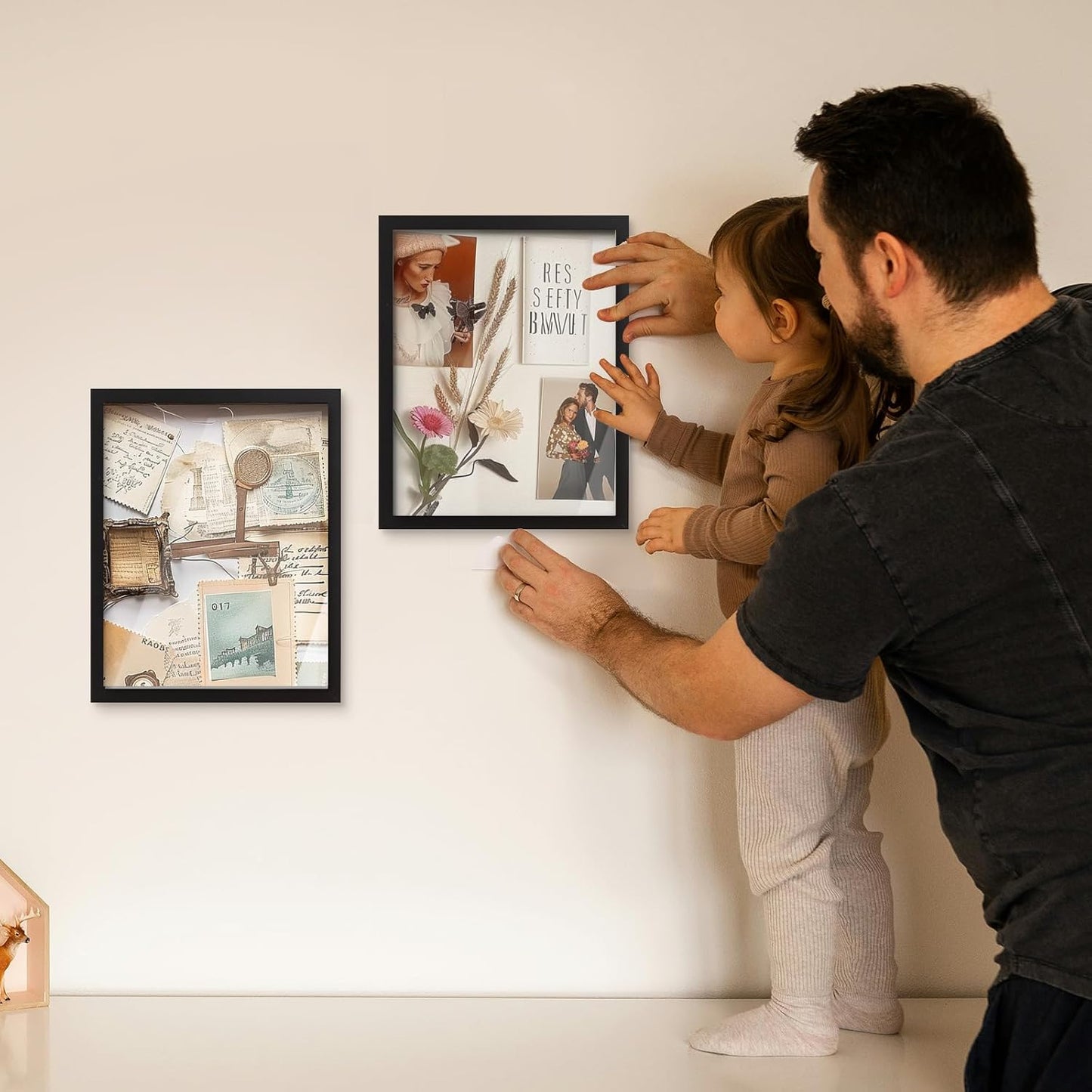 QDSSDECO 11"*14" Shadow Boxes Display Cases with Soft Linen Back Deep Wood Glass 3D Shadow Box Set for Wall and Tabletop, 2 Pack Black