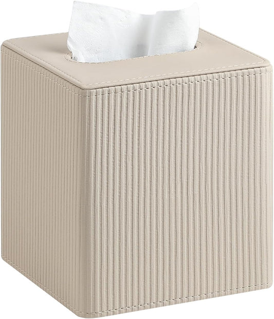 PU Leather Tissue Box Cover Square with Magnetic Closure, Modern Tissue Box Holder for Bathroom Bedroom Office Desk, Decorative Square Tissue Holder (Beige)