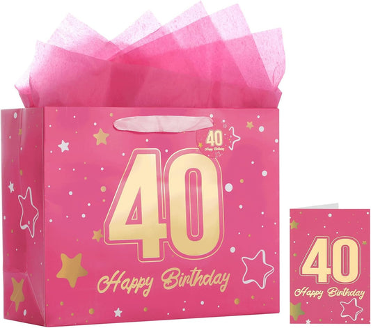 Powbrace 13" Pink Happy Birthday Gift Bag with Tissue Paper and Greeting Card for Party,Happy Birthday Gift Bag for Men Women,Gift Bags Medium size(1 Pink 40th)