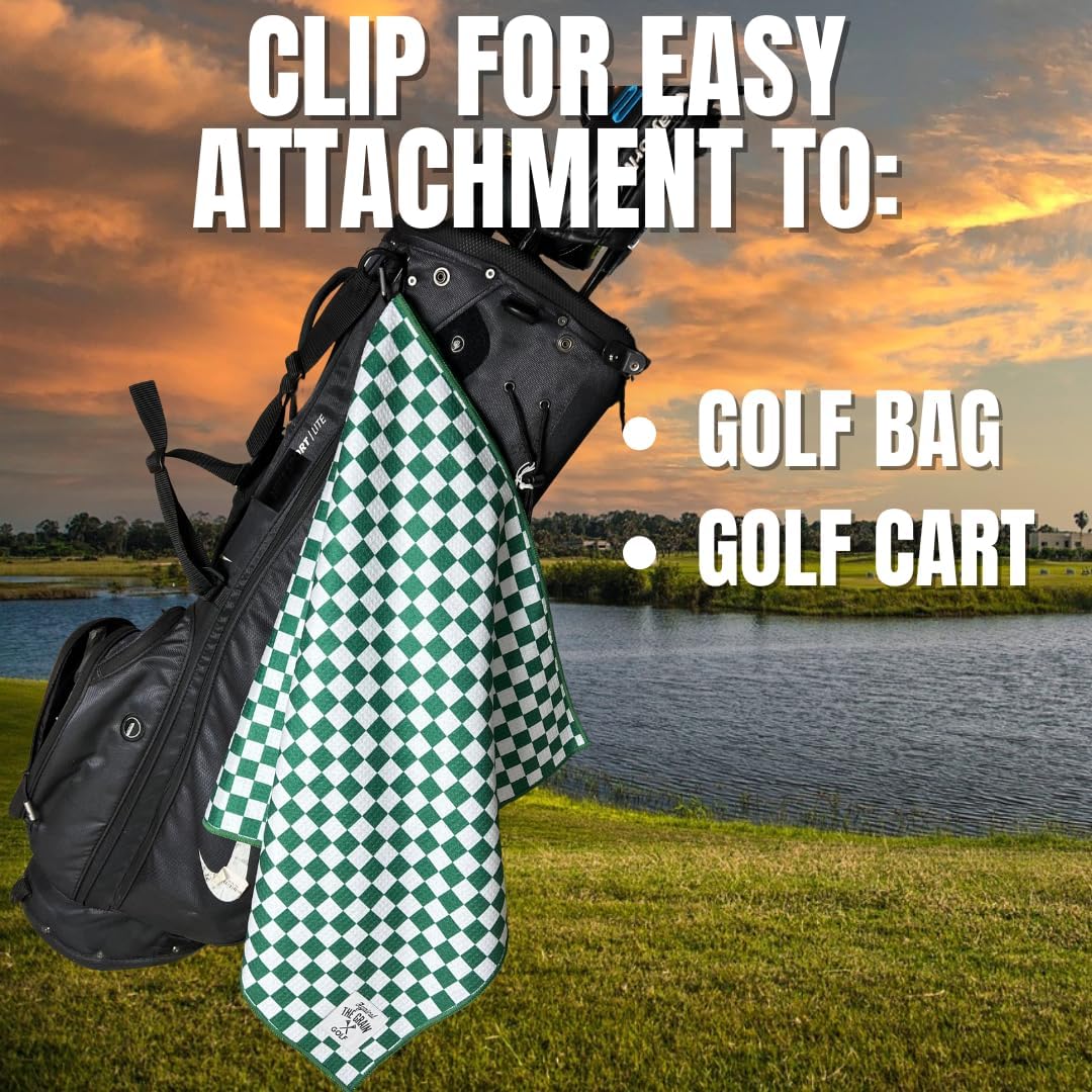 Against The Grain Microfiber Golf Towel with Clip - (20"x40") Green & White Checkered Design Golf Club Towel, Golf Towels for Golf Bags for Men & Women