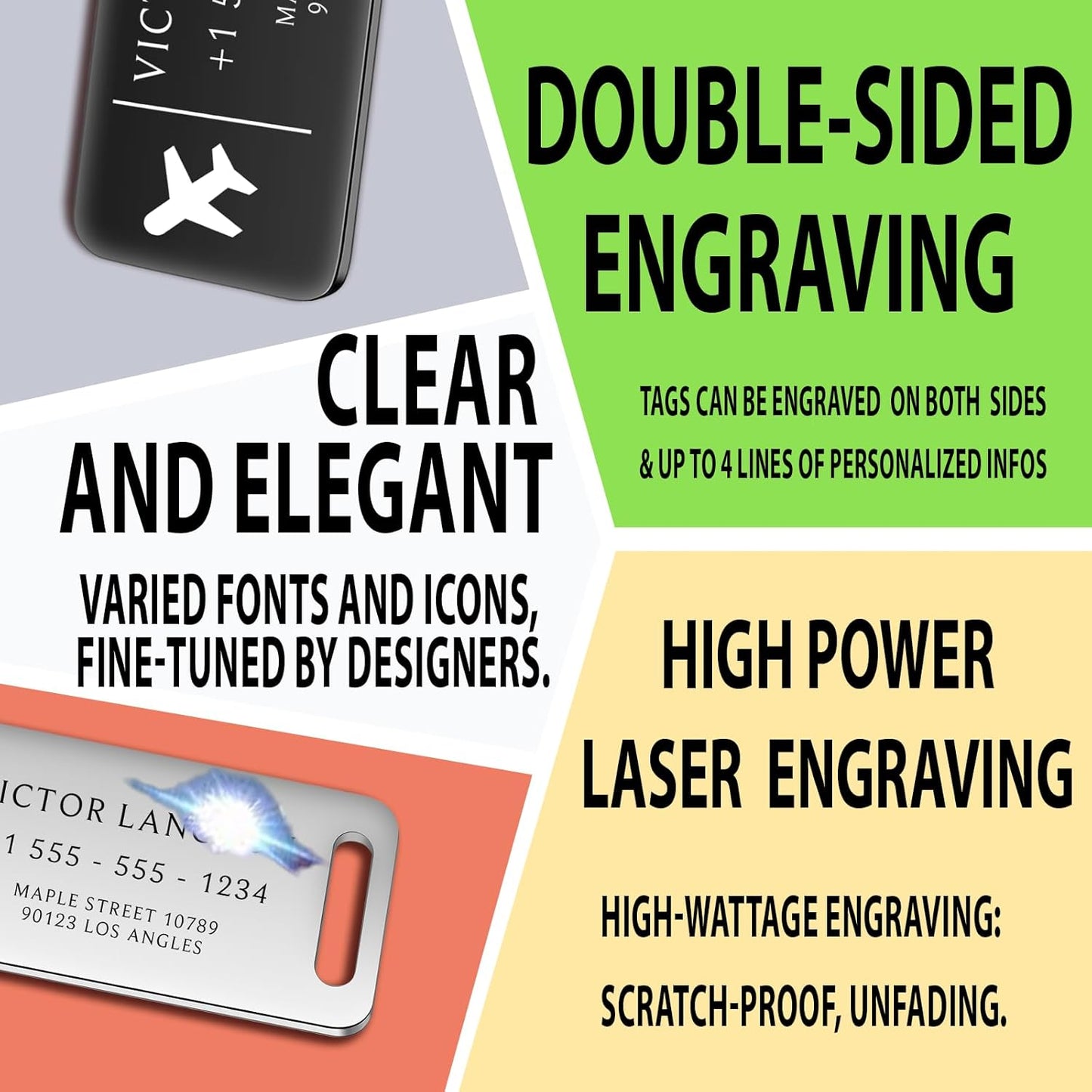 Personalized Luggage Tags for Suitcases - Stainless Steel Custom Luggage Tags for Backpacks & Bags, Sturdy, Waterproof & Heavy Duty (Silver / 3" x 1.25")