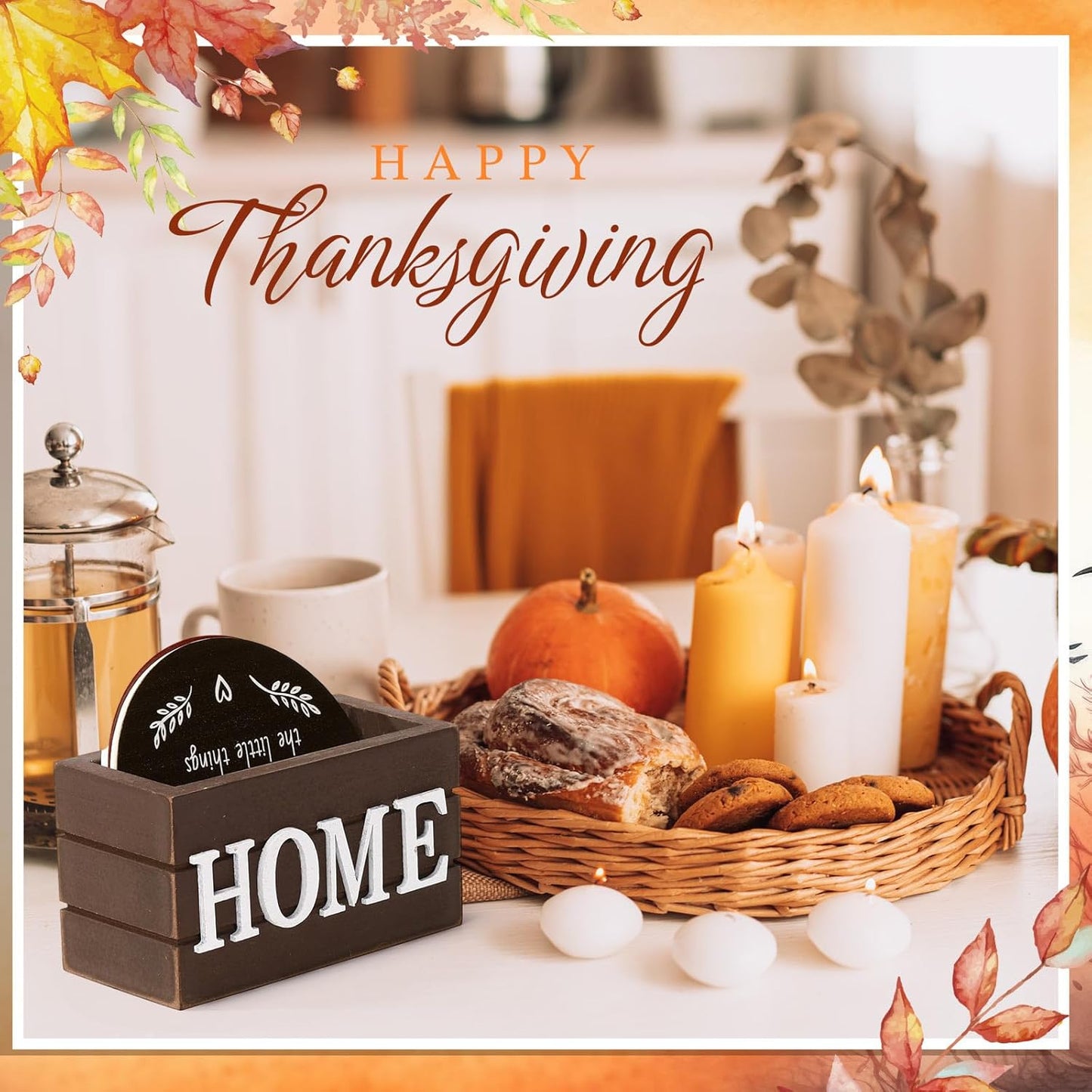 Queekay Housewarming Gifts for Home Decoration Wooden Heart Coasters for Drinks 6 Set Farmhouse Coasters with Holder Funny for Family Coffee Table Protection, 4''(Fall Color)