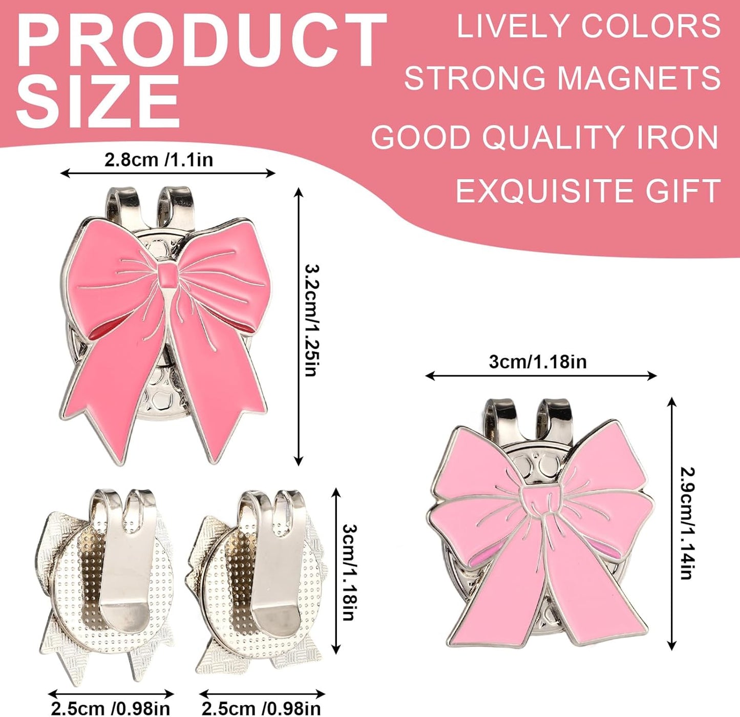 2pcs Magnetic Golf Ball Markers, Pink Bow Golf Ball Marker Hat Clip Strong Magnetic Cute Decoration Accessory for Hat Bags Women Golfer