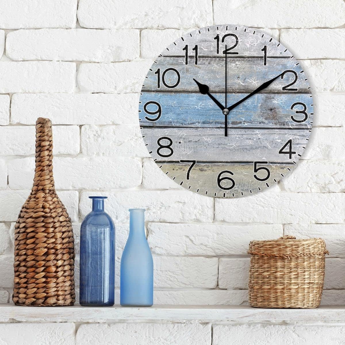 White and Blue Wood Texture Wall Clock Battery Operated Non Ticking Silent Quartz Analog Rustic Farmhouse Round Clock Retro Decor for Home Kitchen Living Room Bathroom