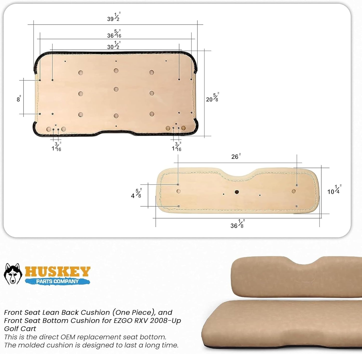 Huskey Parts Company Golf Cart Seat Cushion Set for EZGO RXV 2008-Up, Black Color, Front Seat Lean Back & Bottom Replacement with Mounting Hardware & Hinges