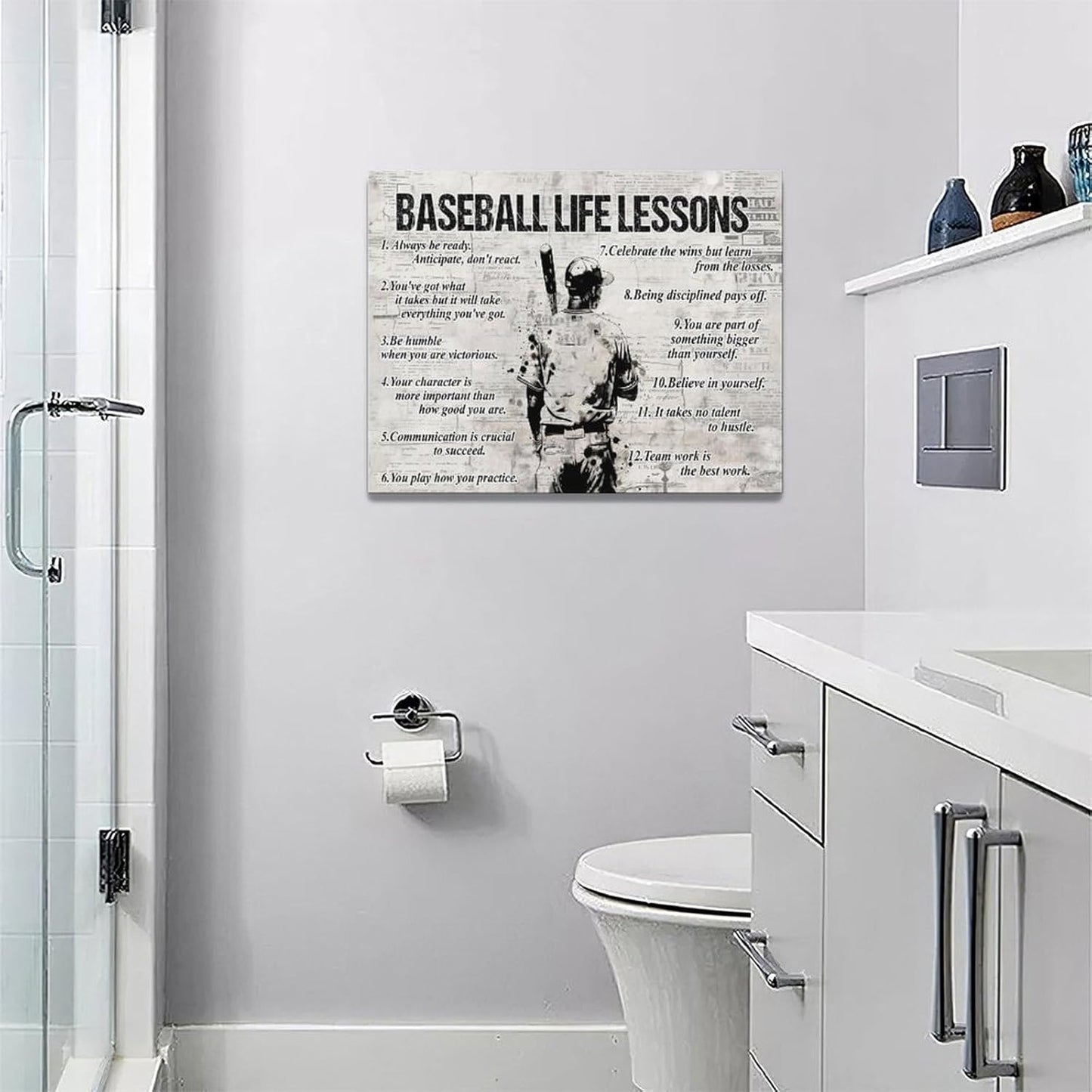 Baseball Life Lessons Wall Art - Retro Poster Boy Men Room Motivational Decor Canvas Print Painting Artwork for Bedroom Bathroom Living Room 16"x12"