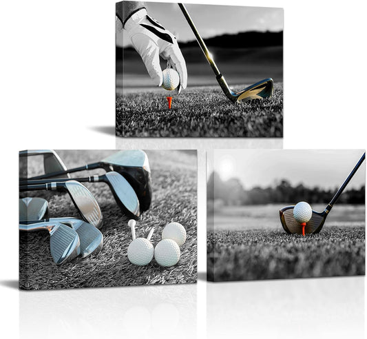 Sepwrol Golf Canvas Wall Art Black White Golf Ball and Golf Club Picture Sport Theme Poster Printing Artwork for Home Living Room Bedroom Office Wall Decor 12"x16"x3