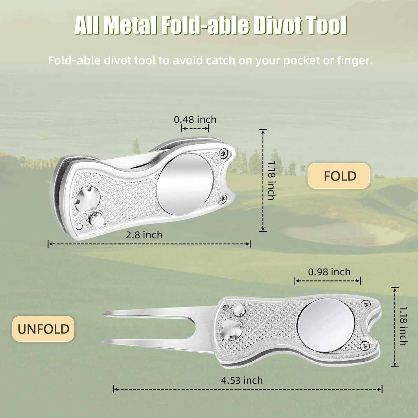 Mile High Life Golf Divot Repair Tool, All Metal Foldable Divot Tool with Pop-up Button & Magnetic Ball Marker, 2-6 Pack