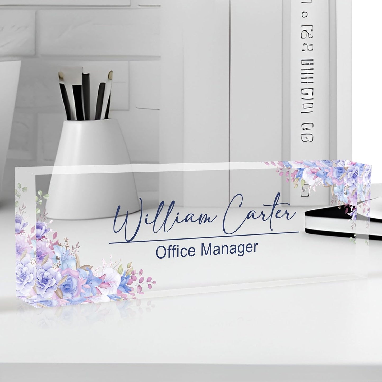 Personalized Name Plate for Desk Custom Acrylic Desk Name Plate Custom Employee Appreciation Gifts Office Gifts for Women, Men, Boss, Coworkers, Teacher, Nurse (Purple Flower)