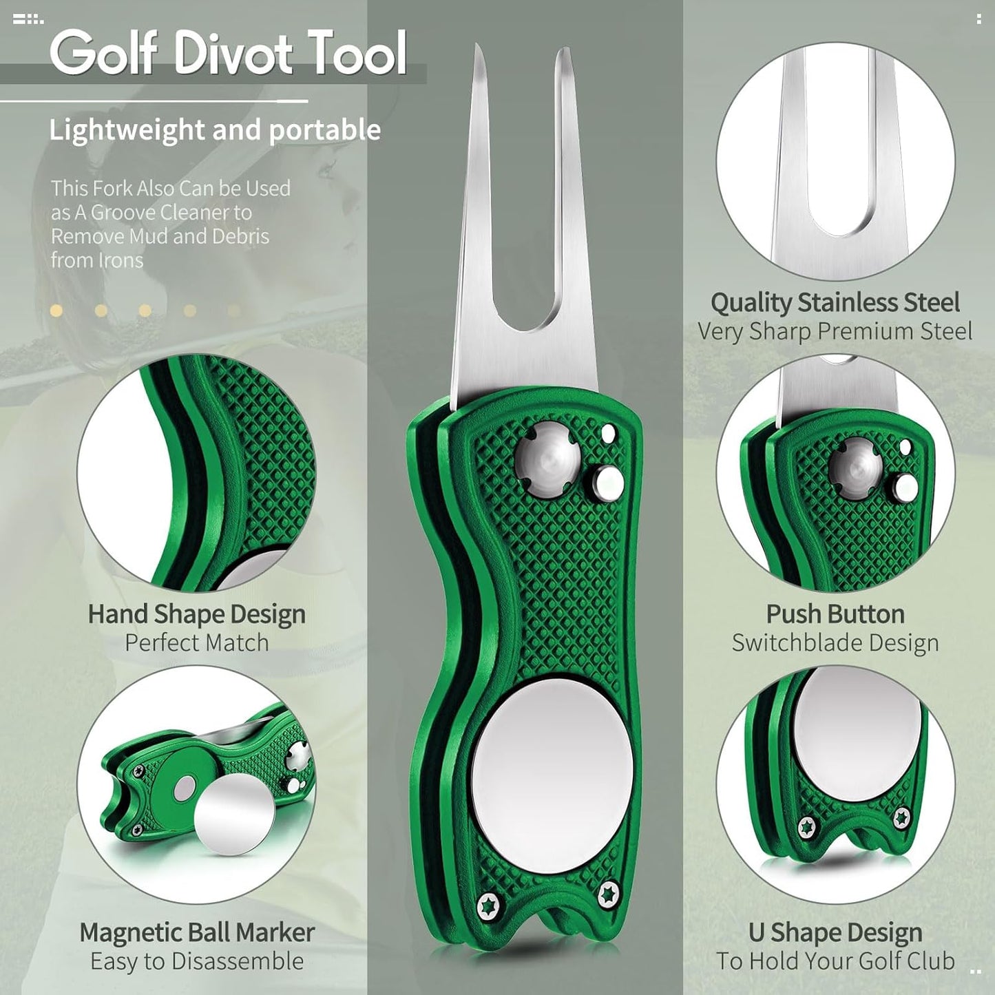 Skylety 4 Pcs Golf Divot Repair Tool Metal Foldable Golf Divot Tool with Magnetic Pop-up Button Ball Marker Stainless Steel Switchblade for Golfers Prizes